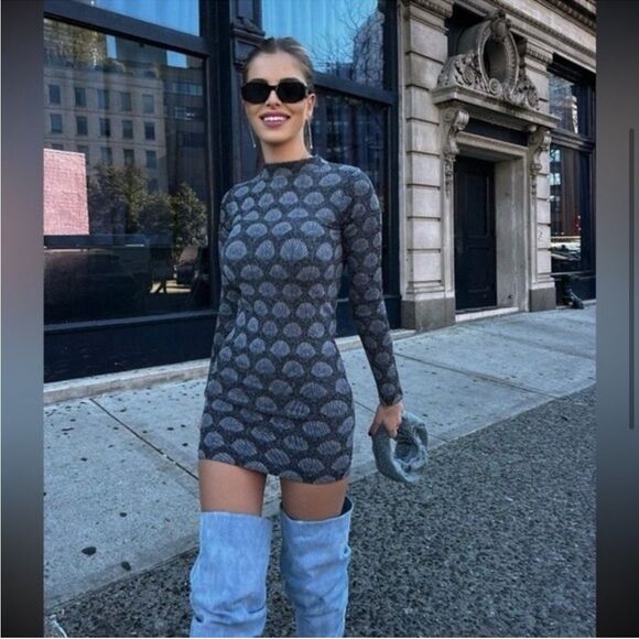 Zara Nwt Seamless Jacquard Shell Mock Neck Long Sleeved Stretch Knit Mini Dress - Picture 2 of 7
